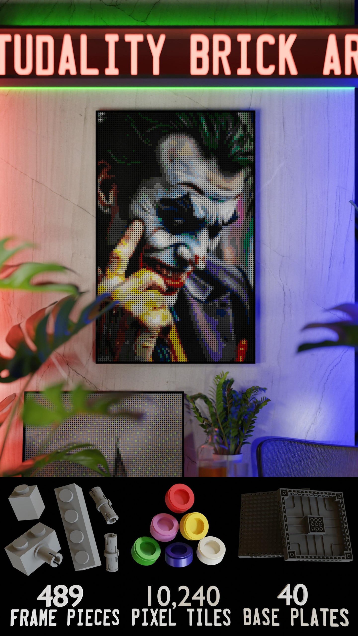 Tony Eats LEGO® Style mosaic wall art made from colorful plastic bricks